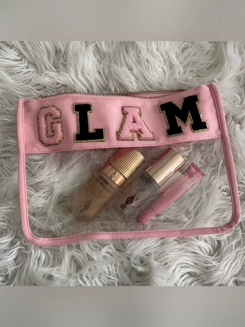 GLAM Clear Makeup Pouch with Chenille Patch Lettering - read description